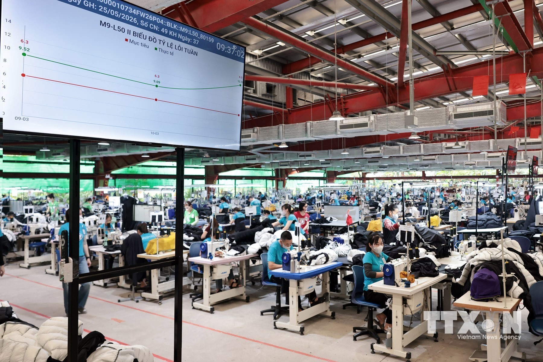 Bảng dữ liệu sản xuất đặt công khai tại đầu dây chuyền và tích hợp toàn hệ thống của Công ty. (Ảnh: Trần Việt/TTXVN)